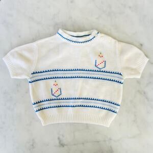 Vintage Baby Short Sleeve Striped Embroidered Little Hearts Sweater